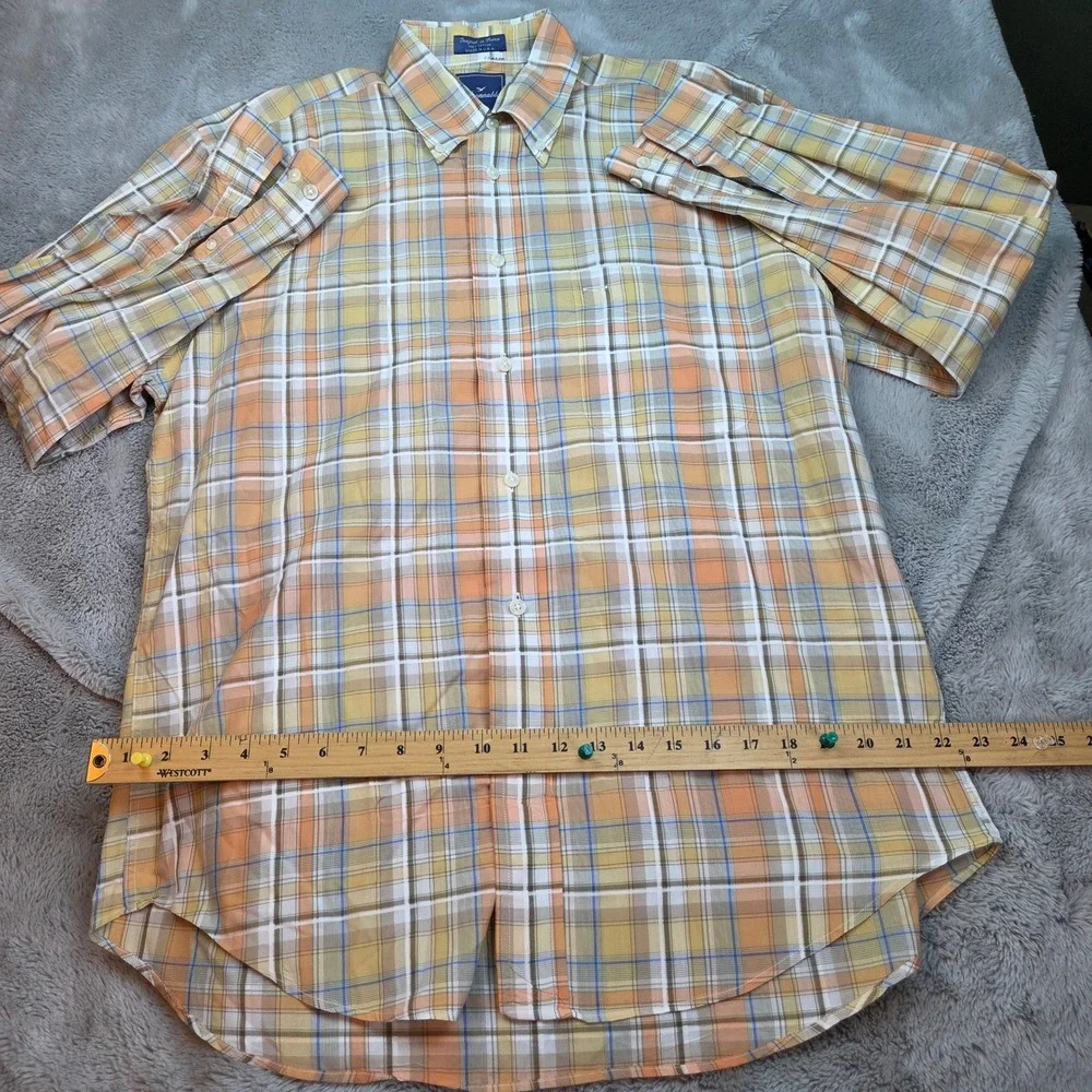 Faconnable Plaid Button‎ Down Shirt Mens Medium Orange Yellow Made in USA Cotton
